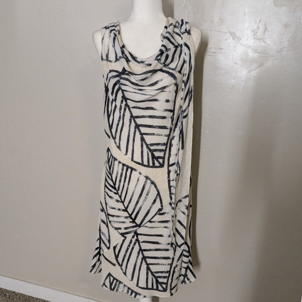 NIC+ZOE Sheath Dress Women 8 Cream Black Leaf Print Cowl Neck Sleeveless Lined